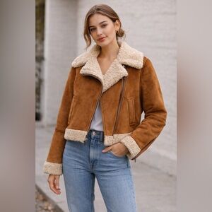 Marine Layer Faux Shearling Jacket Brown Cropped Sherpa Lined Moto Style Size L